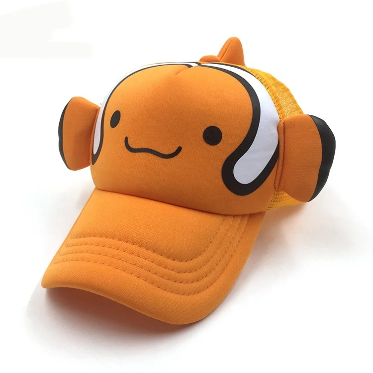 wholesale printed orange 5 panel soft mesh polyester cap clown fish trucker cap kid animal cap