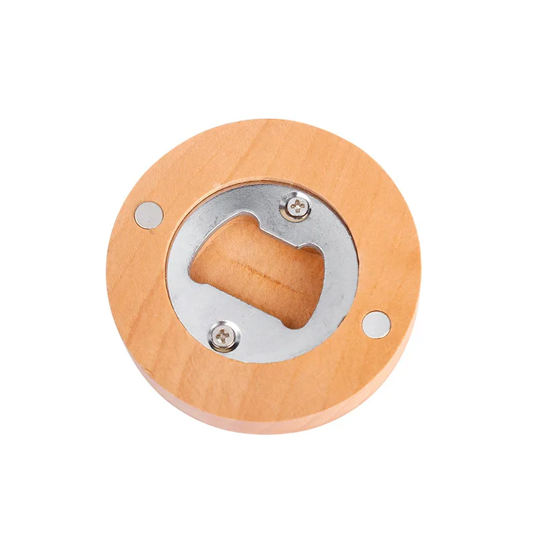 Wholesale Eco-friendly Wooden Bamboo Fridge Magnet Custom Beer Bottle Opener Portable Stainless Steel Magnetic Round Coaster