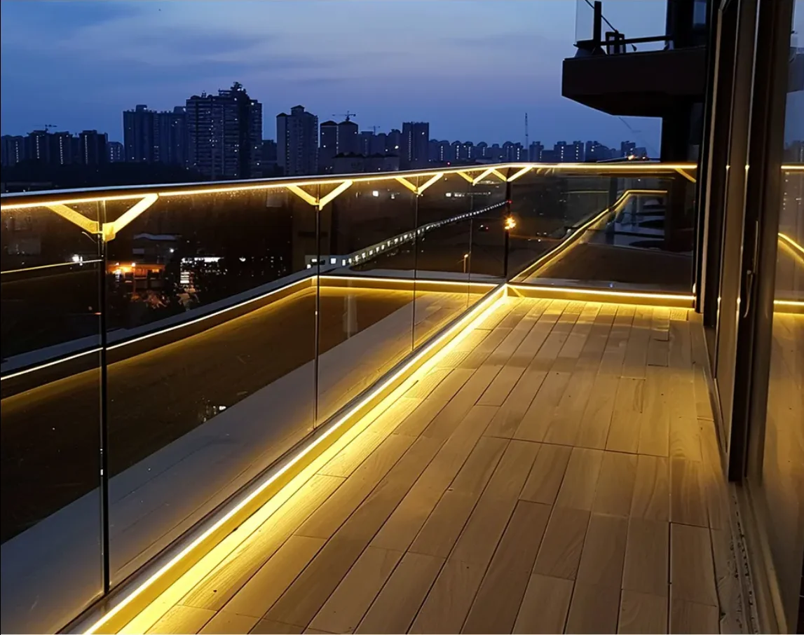U channel Glass Railing With Light Stainless Steel LED Aluminium Glass Clamping System Indoor Outdoor Guardrail Solution