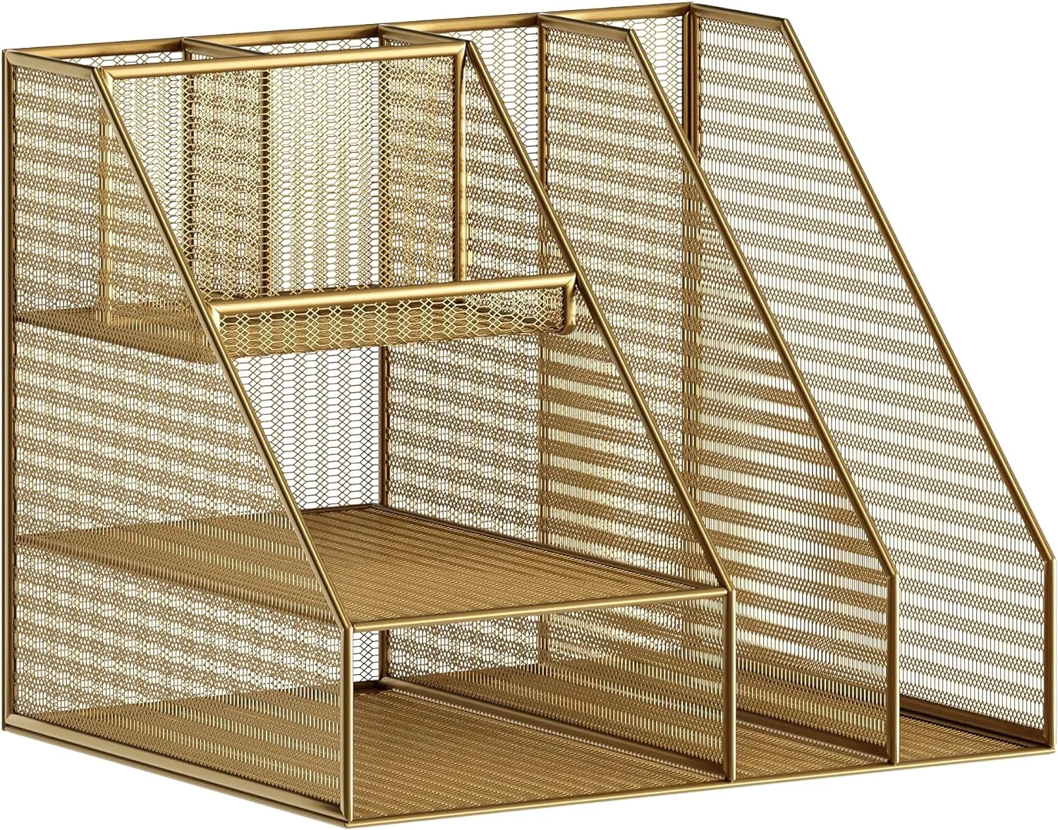 Office Desk Organizer Accessories Gold Mesh Metal Large Desktop Organizer With Magazine File Holder