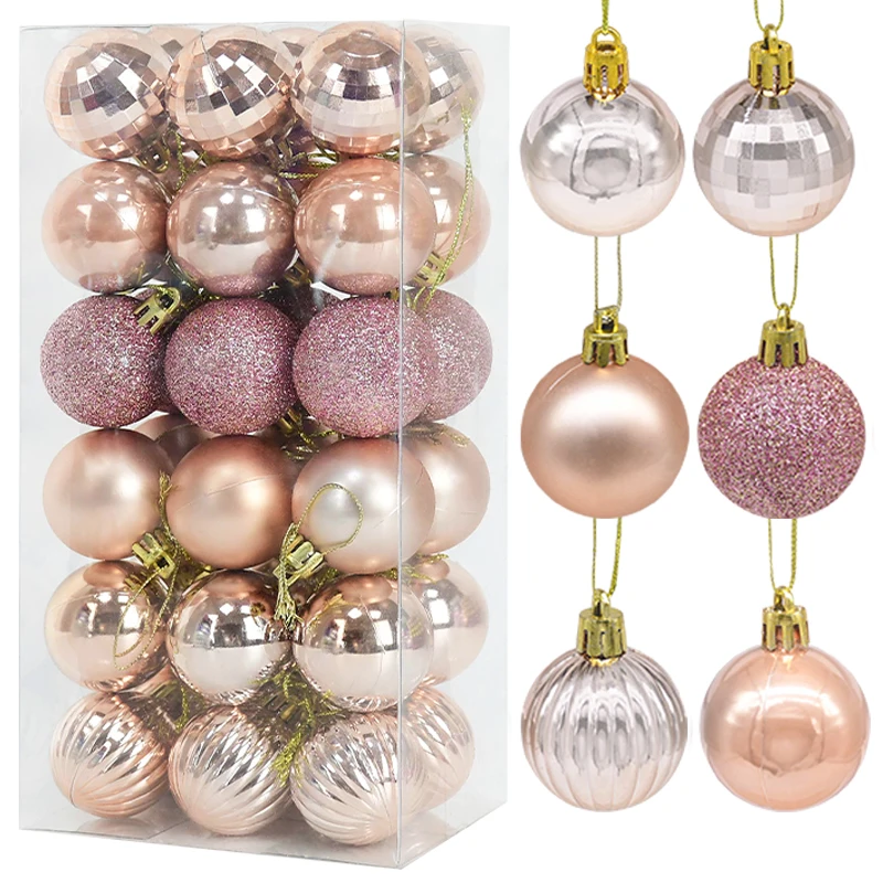 36Pcs Rose Gold Plastic Christmas Balls Ornament 4cm Hang Pendant Ball New Year Xmas Tree Decor Home Christmas Decoration
