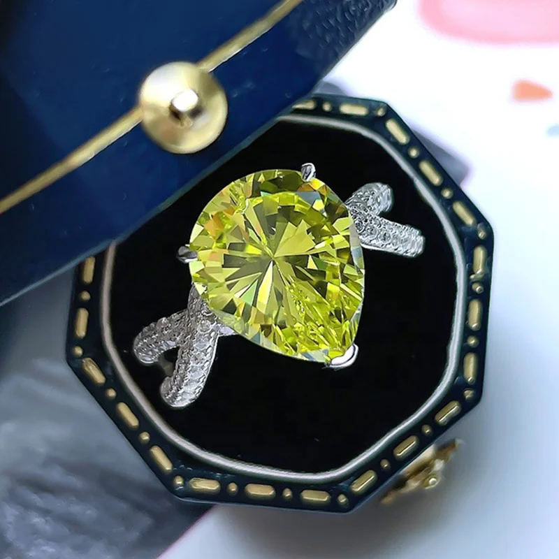 Silver Jewelry Ring Yellow peridot zircon Big CZ Princess Cut Sterling 925 Silver Engagement Ring for Women
