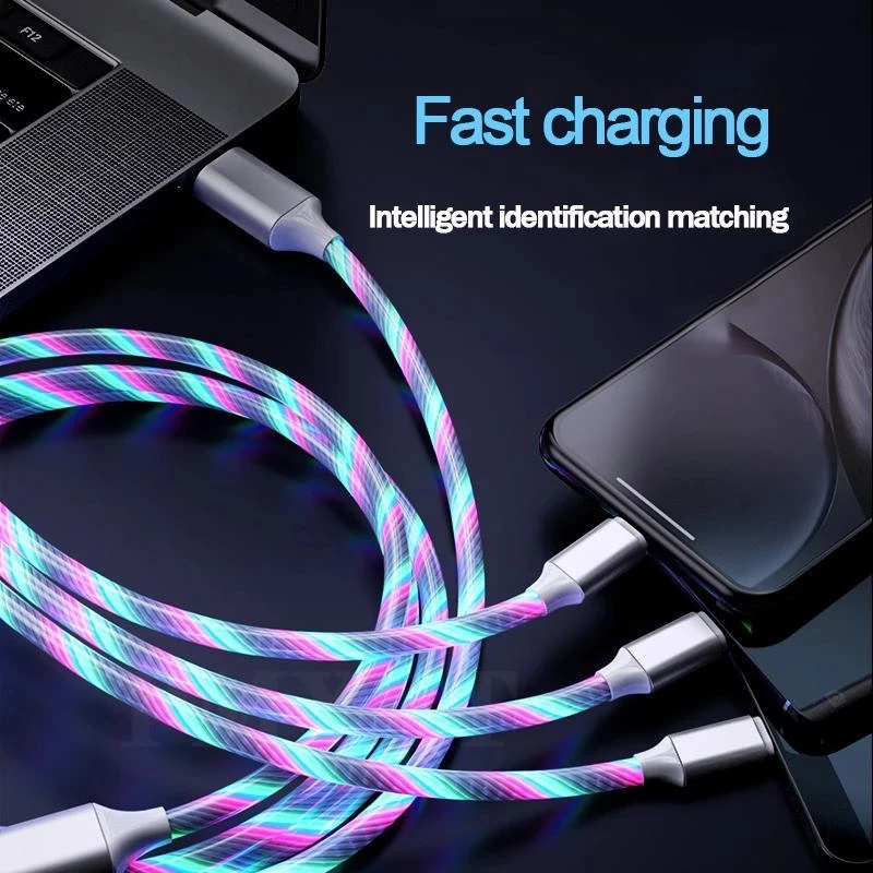 LED Luminous 3 in 1 Glowing Fast Charging Cable for Iphone Micro USB Type C Charging Cable For Samsung