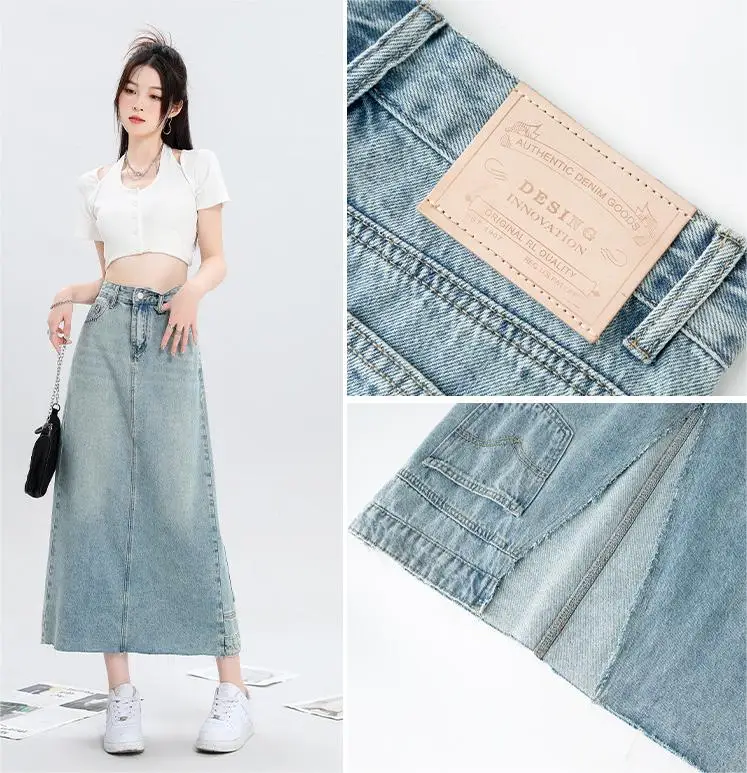 Light blue denim skirt for women with a loose split back, high waist, slim fit, and a buttocks wrapped mid length skirt