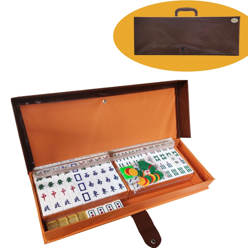 Taiwan Mahjong Game Set   Double Layer 144 tiles, 4 Rules, 3 Dices, 1 Weather Flag and Lazhuang, Poker Chips  Brown PVC Long Box