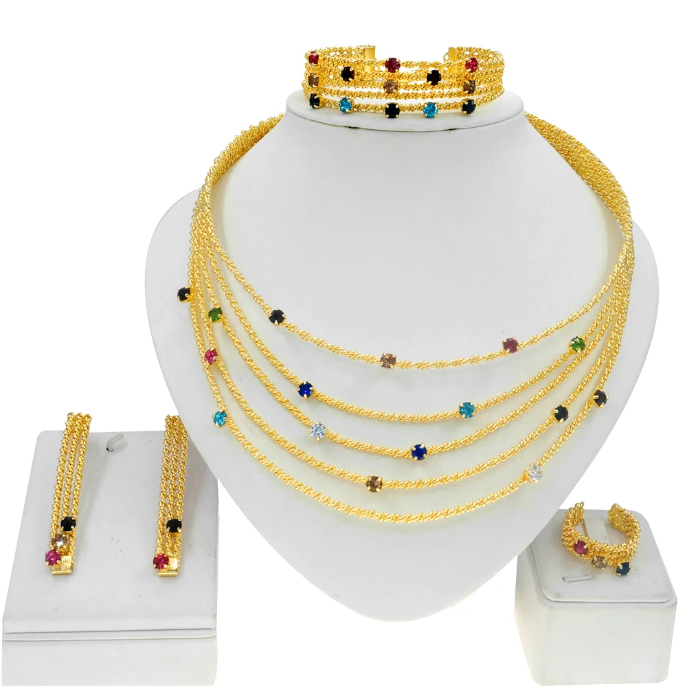 Yulaili Latest Jewels 24K Gold Plated Brazilian Style Jewelri Sets Fine 5A Zirconia Stones Necklace Bracelet Earrings Rings