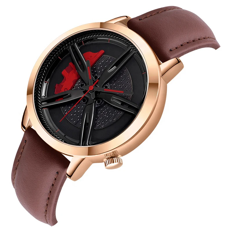 In Stock Spinning Real 3d Car Watch With Leather Strap Black Sport Rotate Flying Car Rim Wheeling Watch