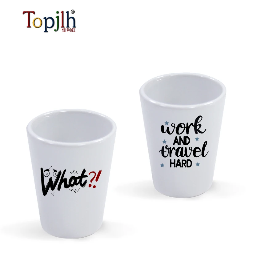 Topjlh high quality Custom dye Sublimation Coating Decal Printed 1.5oz Ceramic White Blank Shot Glasses for liquor