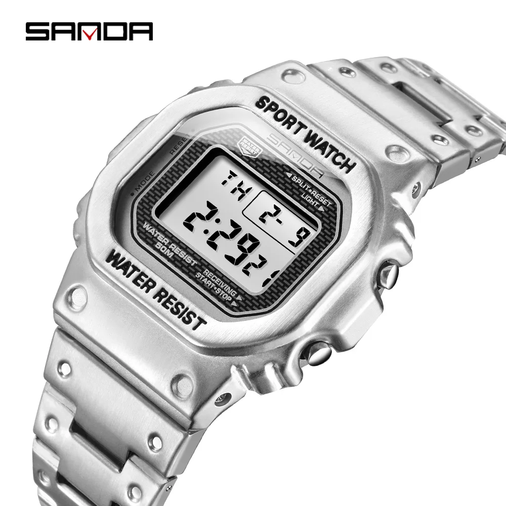  SANDA 390 king золотые мужские цифровые часы цветочный Рисунок со стальным ремешком водонепроницаемые отображение дня недели в минималистском стиле путешествия дизайн