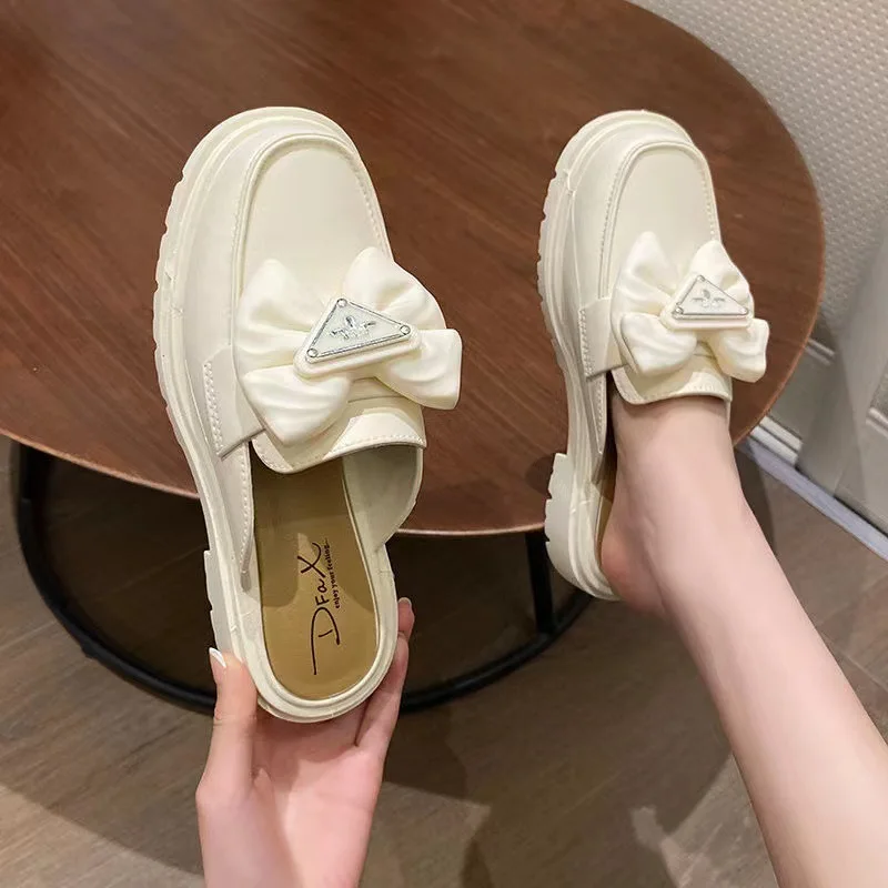 2023 New Black White Fashion Bow Button Loafers Women Chunky Shoes Slip on Spring Summer Female