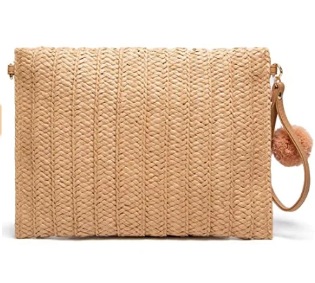 Best Selling Fashion Pompom Straw Clutch Women Handmade Straw Crossbody Bag Summer Beach Envelope Purse Wallet