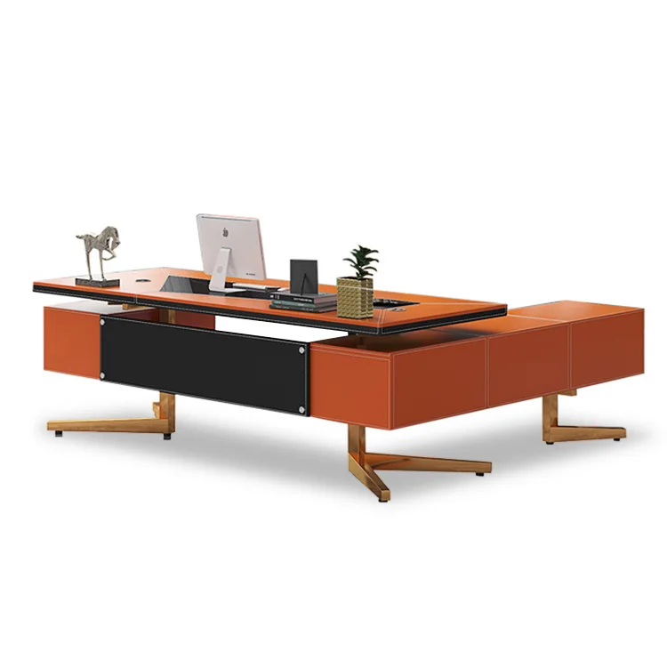 High Quality Luxury Bright Color Leather Writing Desk Metal Frame Office Executive Manager Table Home Office Desk