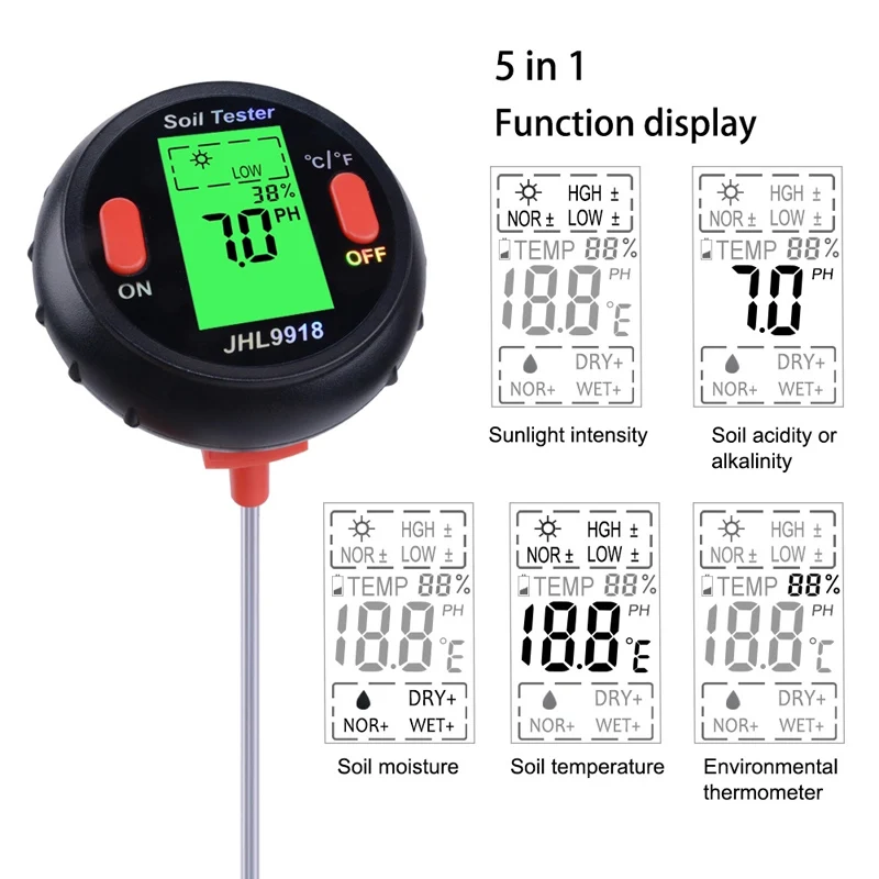 5 in 1 Digital Soil tester pH Moisture Temperature and Light Meter Humidity for flowerpot soil garden plantation Soil analyzer