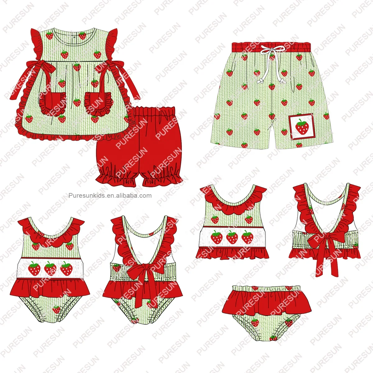 Puresun new design children swimwear scalloped ruffle-strap girl swimwear embroidery wholesale smocked kids swimwear