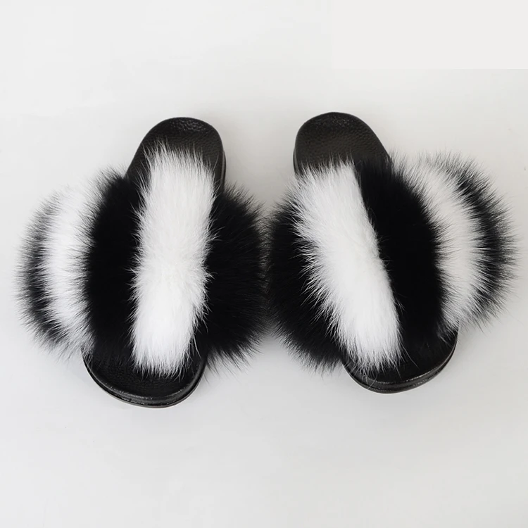 
Wholesale home indoor winter furry fluffy jelly slides fashion natural color real fox fur slippers women raccoon fur slides 