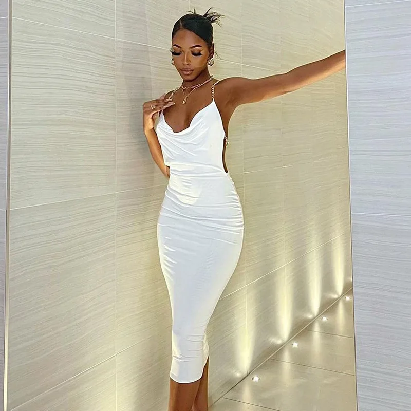 Sexy Backless White Dresses For Women 2022 Chain Ruched Black Party Long Dress Female Solid Cami Bodycon Club Midi Dress Backless White Dresses