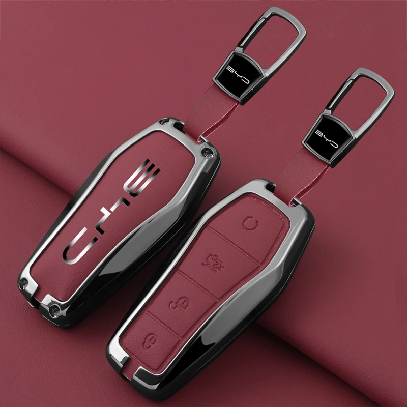 Car Keycase Cover for BYD Atto 3 Qin Plus Han DMI EV Seal Song Pro Tang Leather zinc alloy Holder Key Bag Auto Accessories