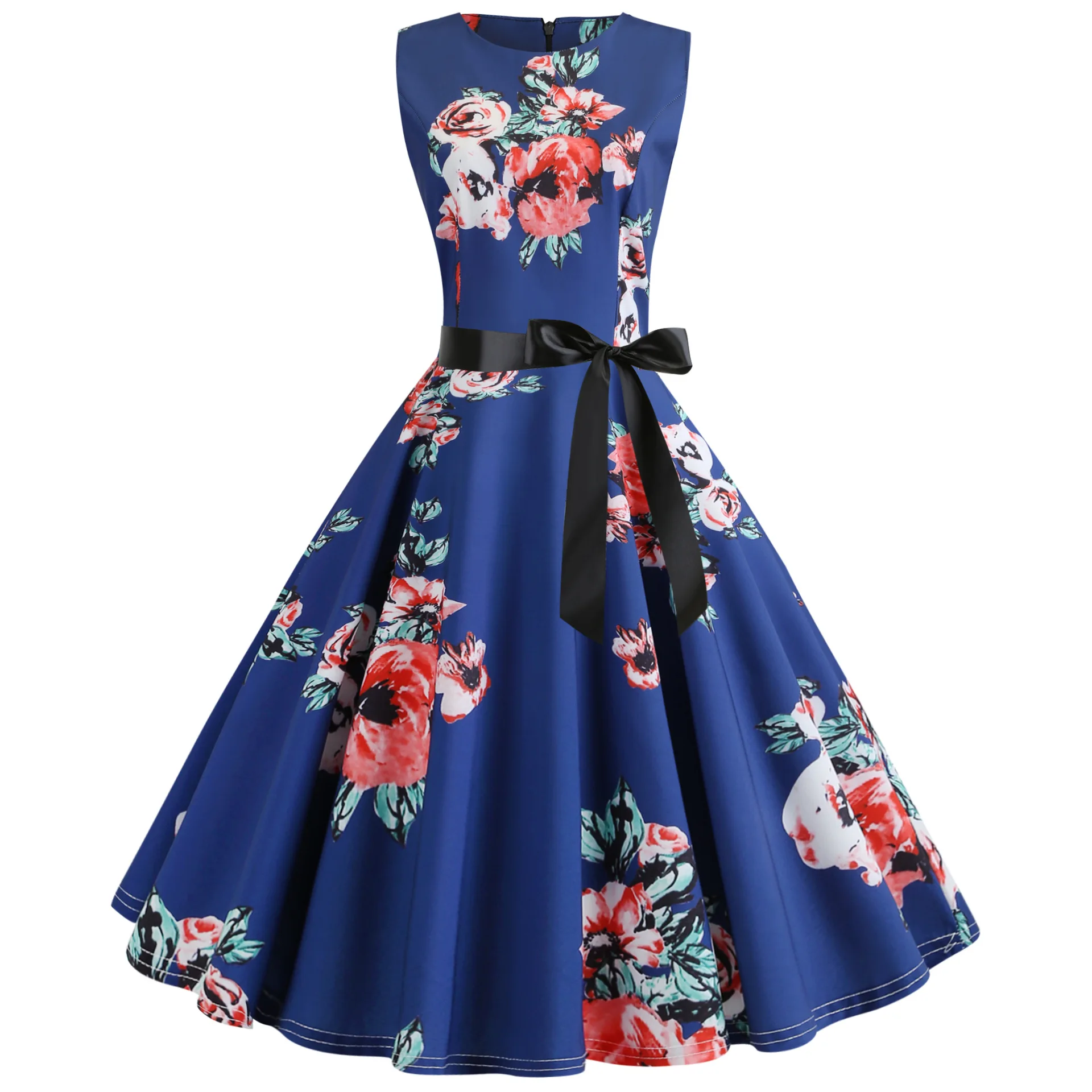 Free bow belt burst Hot Selling Blast Women Vintage Hepburn Wind Sleeveless Waistprint maxi casual women Dresses