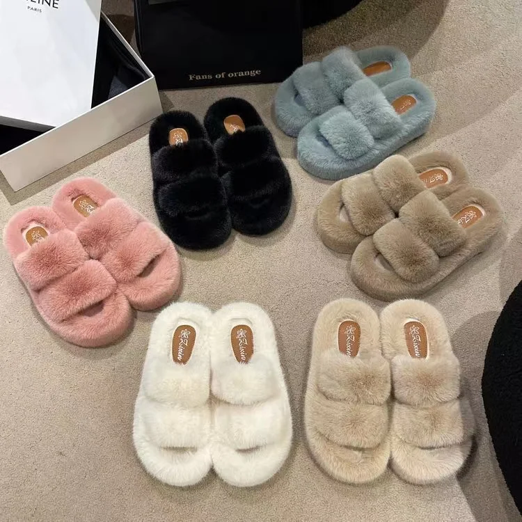 Women Warm Winter Furry Fur Shoes Fluffy Plush Sneaker Slippers Home House Indoor Shoes Bedroom Slippers Female Ladies Round Toe