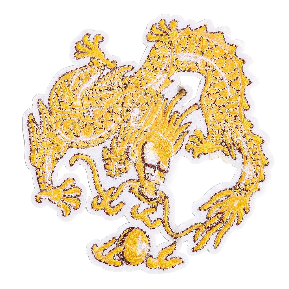 High quality Chinese style dragon frolicking with a pearl golden dragon embroidery large patches badges iron on for clothing