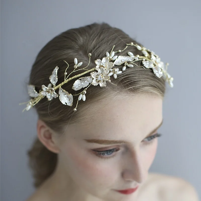 Светлый 14 K позолоченный белый окрашенный лист жемчуг свадебные волосы лоза ювелирные изделия