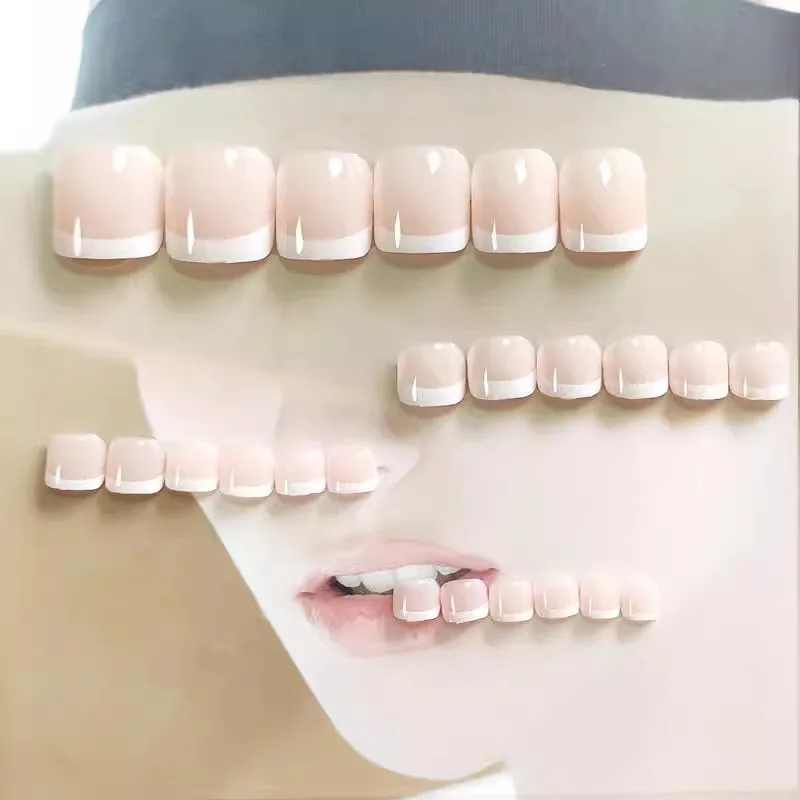 24Pcs False Toes Nails French Square Nude Color Nature Fake Toe Nails Feet Nail Tips Artificial Press on Toenails for Women