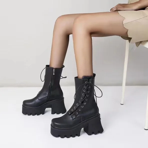 Shein 2021 Wide Fit Women Boots Plus Size Platform Vintage Wedge Chunky High Heel Lace Up Combat Boots Leather Boots In Stock