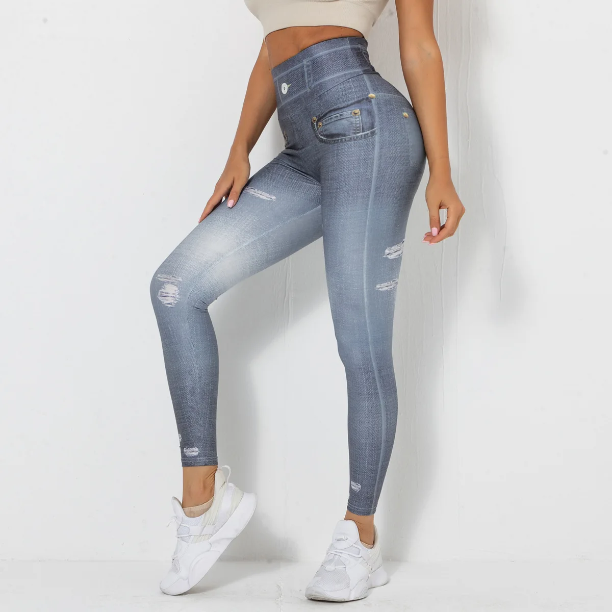 Wholesales Designer Denim Gradient Jeans Pants High Waist Shape Women Butt Lifting Yoga Leggins Tight Sports Fitness Yoga Tights