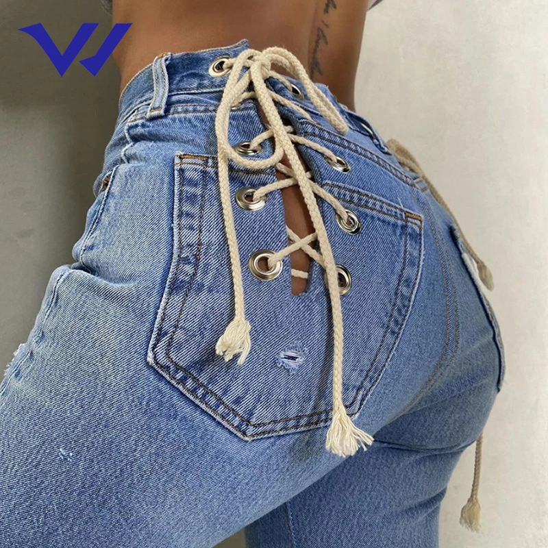 
High waist hollow strap women ripped jean pant Clubwear blue long outfits womens jean 