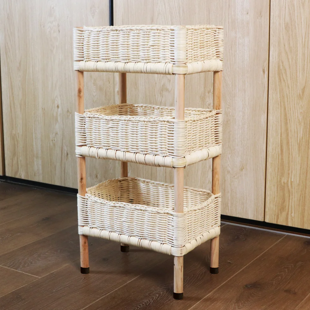 2024 New Design Factory Price Laundry Hamper Natural Bamboo Storage Rack 3 Tier Shelf With Rattan Baskets
