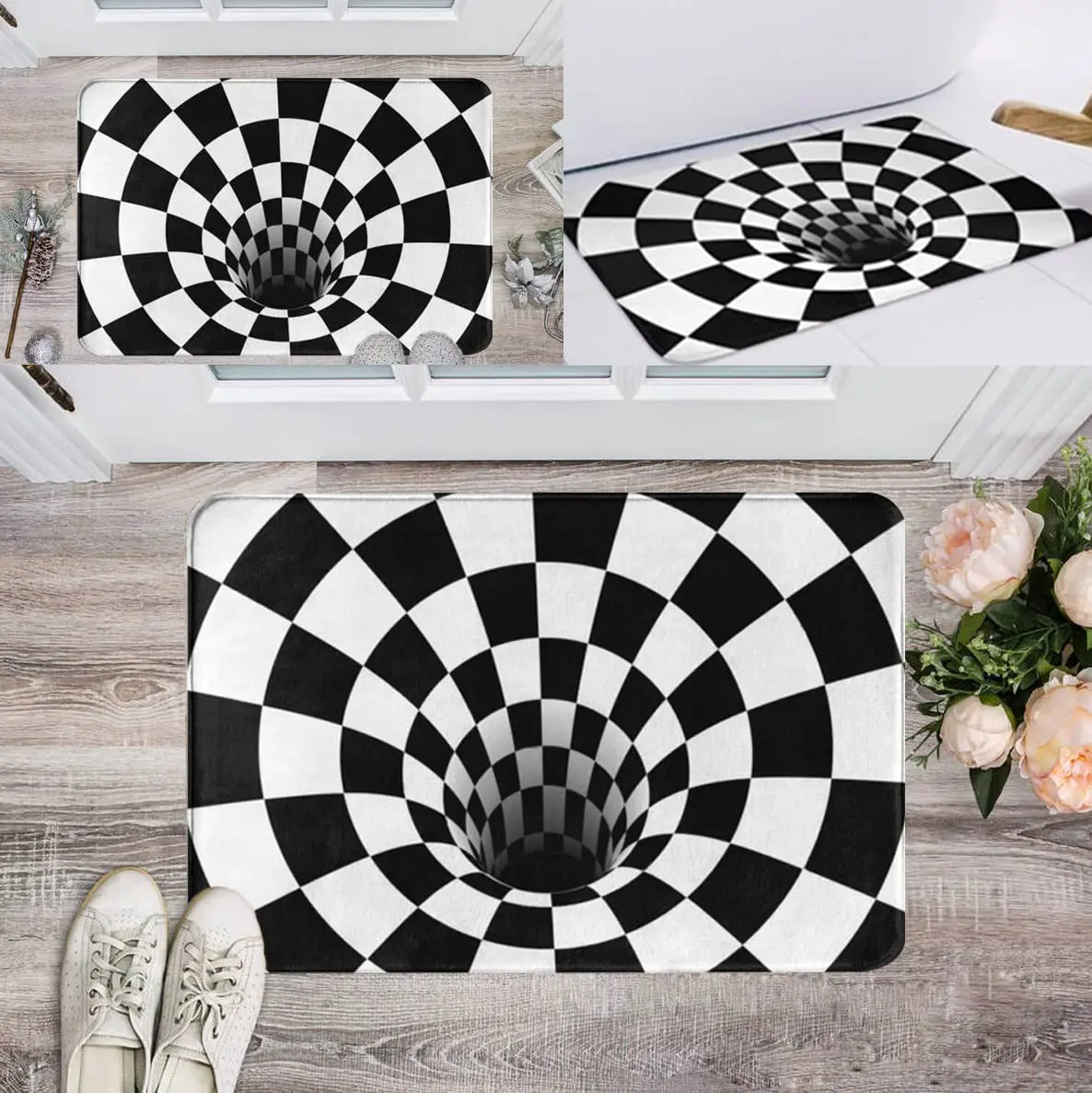 Optical Illusion Rug 3D Stereo Checkered Vortex Non-Slip Area Rug for Dining Room Carpet Home Bedroom Decor Floor Mat
