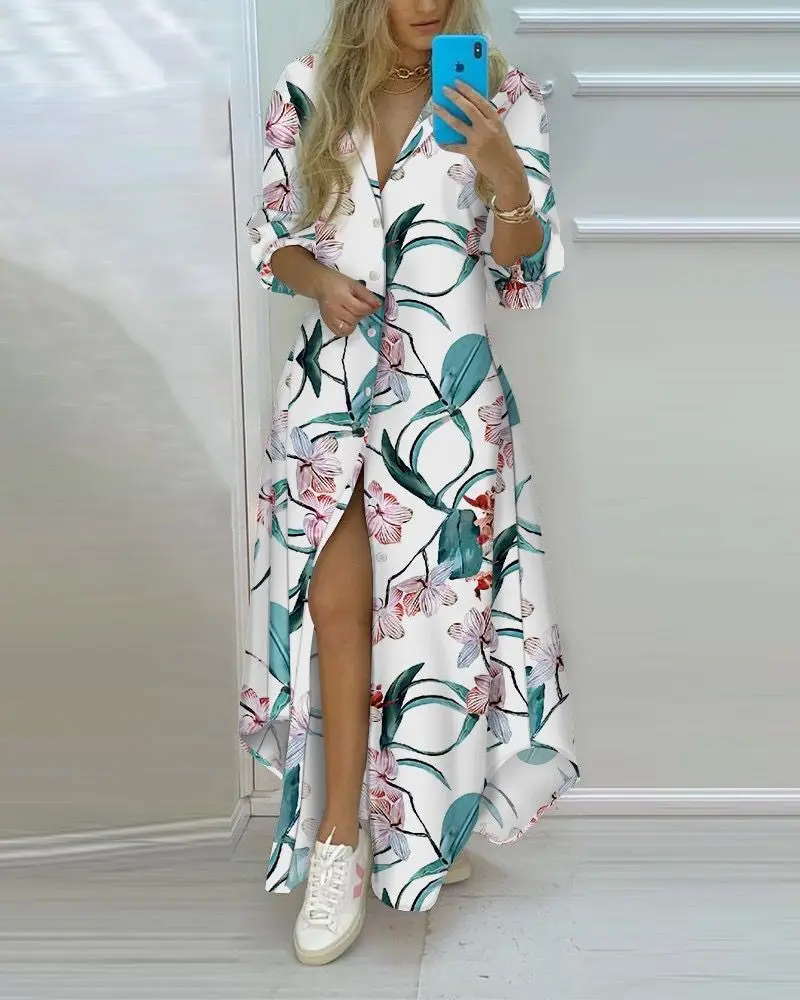 S-3XL Summer Spring  Plus Size Printed Bohemian Floral Printing Ladies Long Maxi Dress Woman Party Holiday Women Shirt Dresses