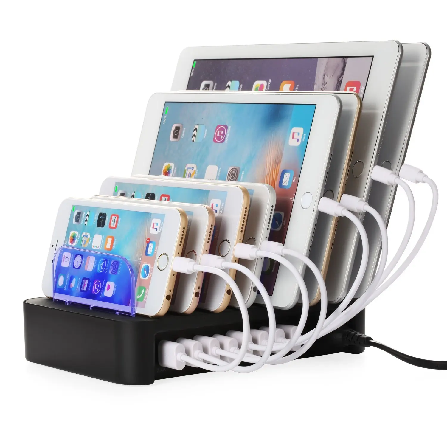 Multi Charging Station 8-Port USB Charger for Multiple Device with SmartIC Tech and Adjustable Dividers, Organizer Stand