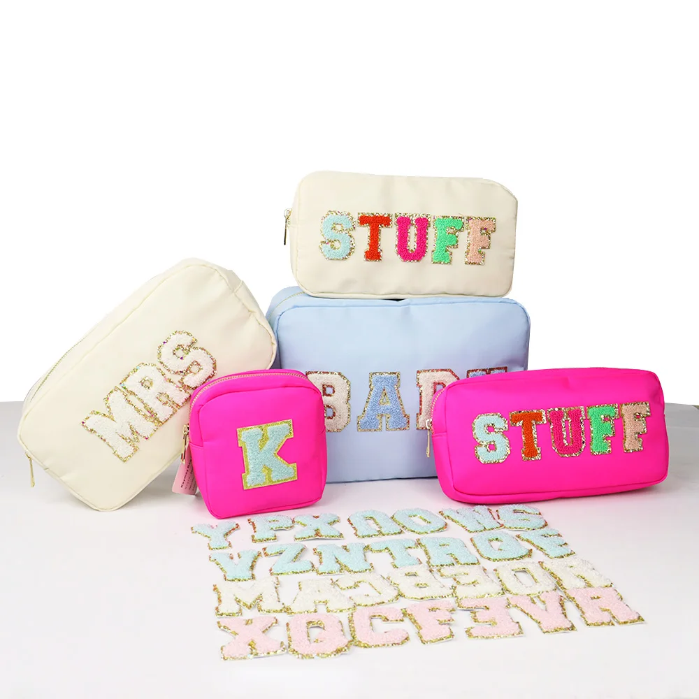 USA Warehouse Free shipping Waterproof Nylon Pouch Embroidery Chenille Travel Cosmetic Bag Mini Zipper Toiletry Make up Bags