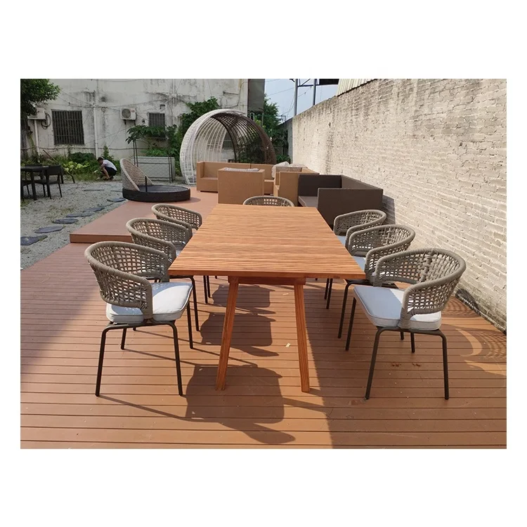 
New Design Modern Garden Outdoor Balcony Hotel Furniture Set Teak Wood Rope Metal Chair Dining 