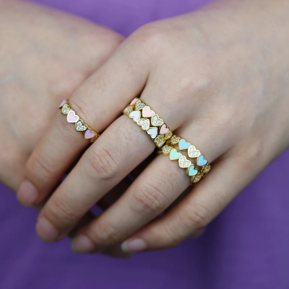 Hot Sale Gold Plated Simple Design Enamel CZ Ring Oil Drip Heart Charm Eternity Ring