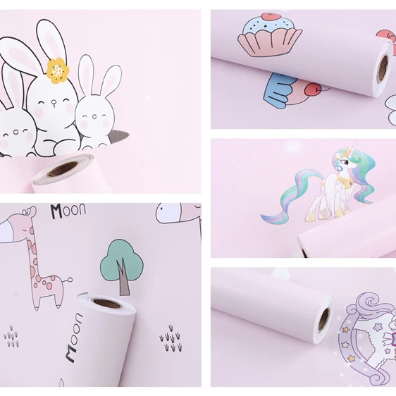 
NEW lovely pink color children cartoon design modern style school kids room bedroom wall decoration pvc self adhesive wallpaper 