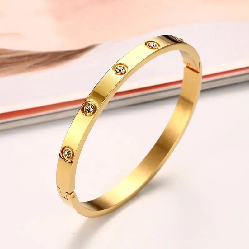 Wholesale Ladies Crystal Stone Cuff Stainless Steel Jewelry Engraved Bracelet Bangle