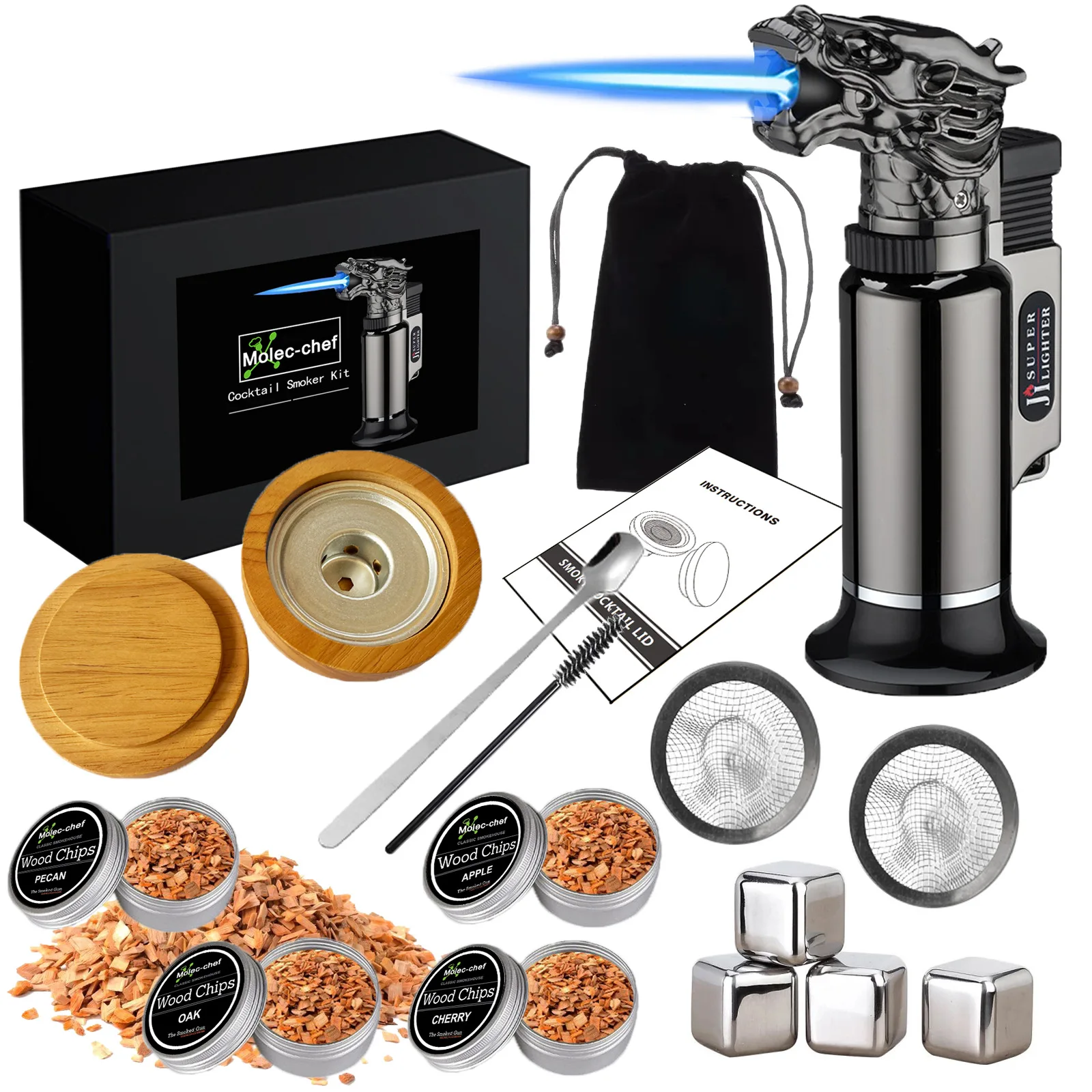 Wood Hood Bourbon Bartending Sawdust Drinks Kitchen Bar Accessories Tool Men Gift Whiskey Cocktail Smoker Kit Set With Torch