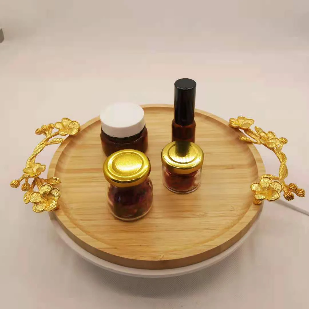Chinese factory wholesale creative golden pattern bow handle design brown wooden serving tray modern outdoor wood food tray