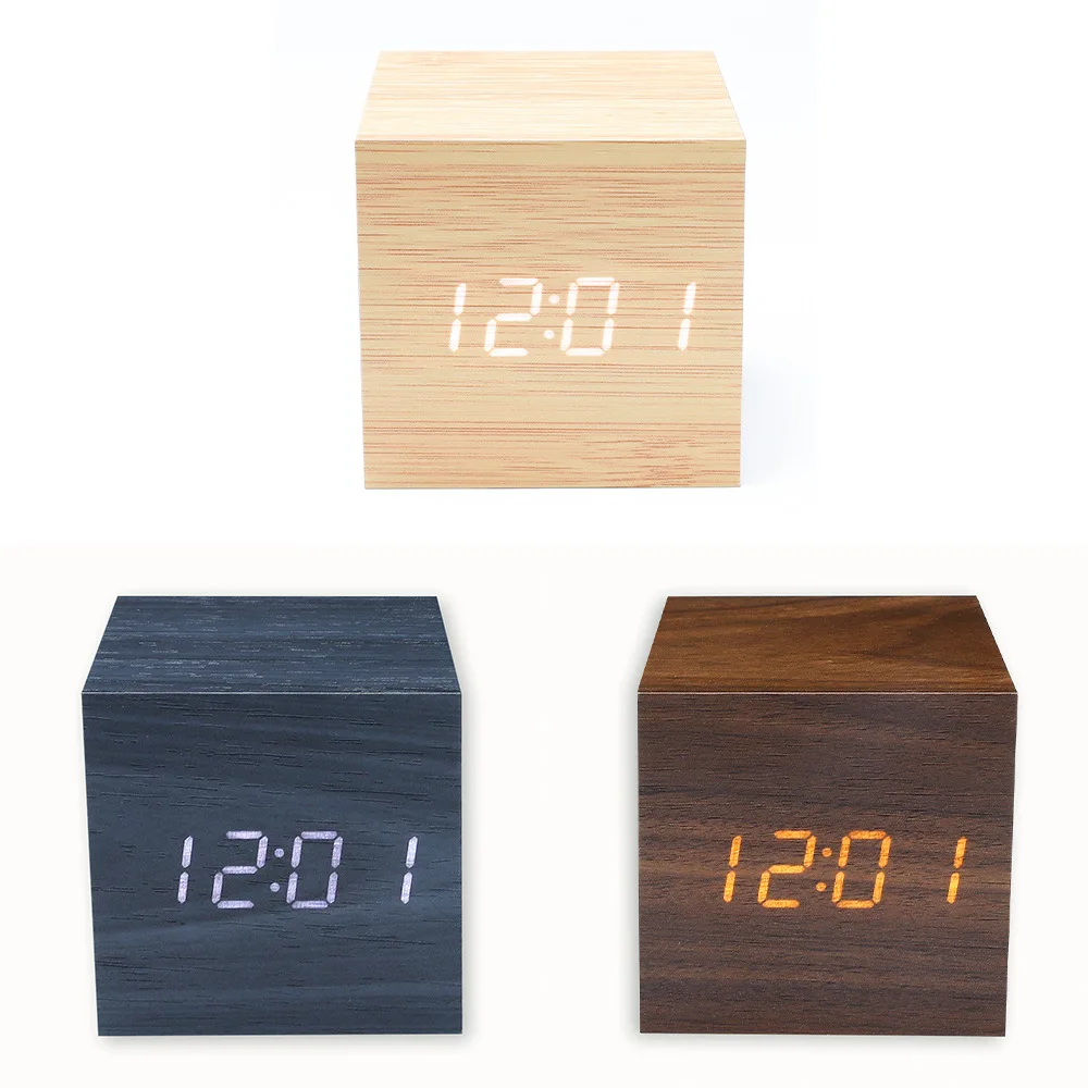 Factory sales creative led wooden alarm clock electronic square mini thermometer bedside alarm clock