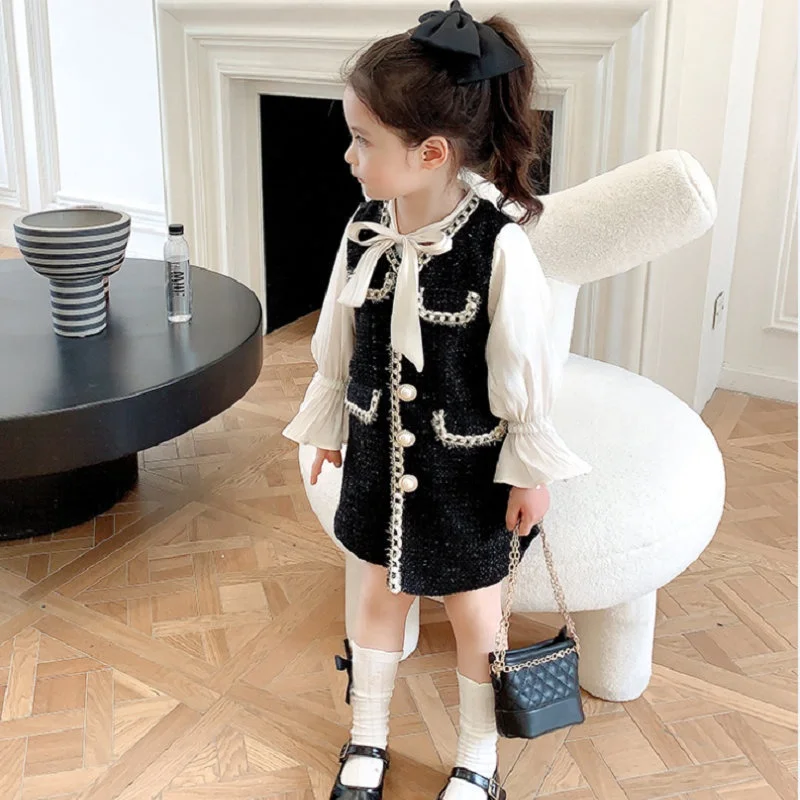 Girls Fashion Tweed Dress Kids Long Sleeve Dresses Girls Princess Autumn Dress
