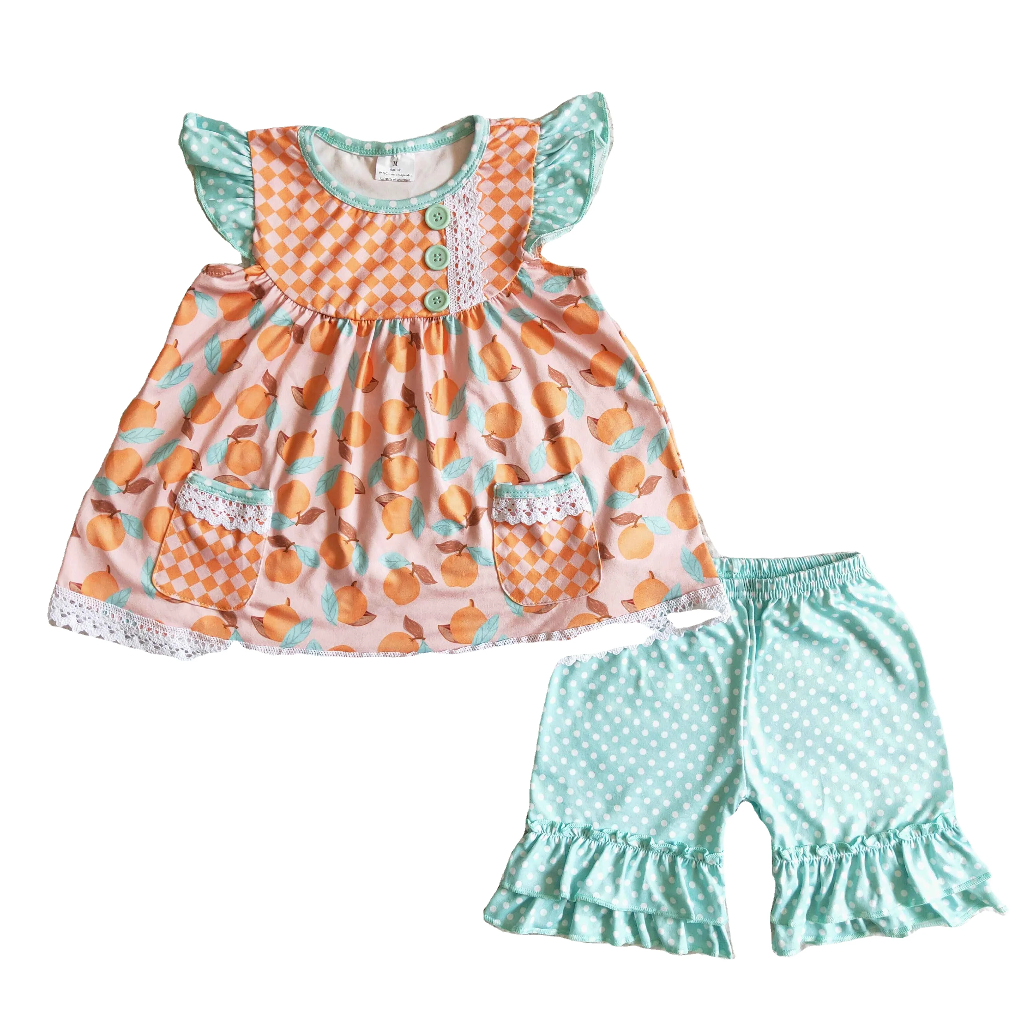 girl short sleeve tunic top dot ruffle shorts 2pieces set kids high quality summer outfit with lace