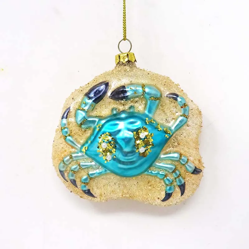 Wholesale hand blown christmas ornaments blue crabs crawl flat ball ornaments