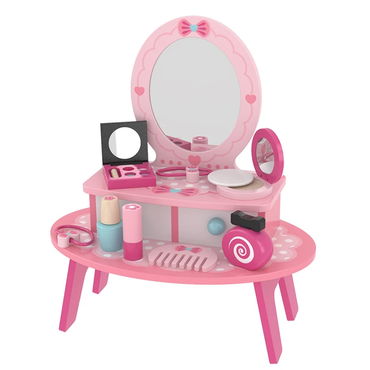 Fashion Princess Girls Makeup Set Wooden Dressing Table Toy Dresser With Mirror Toy