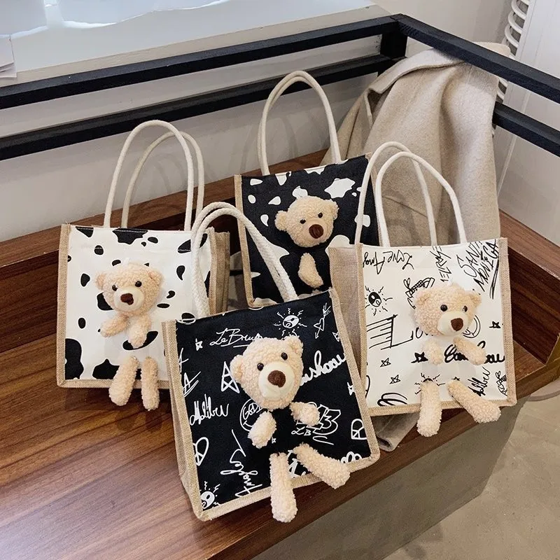 Custom Eco-Friendly Jute Gunny Shopping Tote Bags With Cute Bear Doll And Logo
