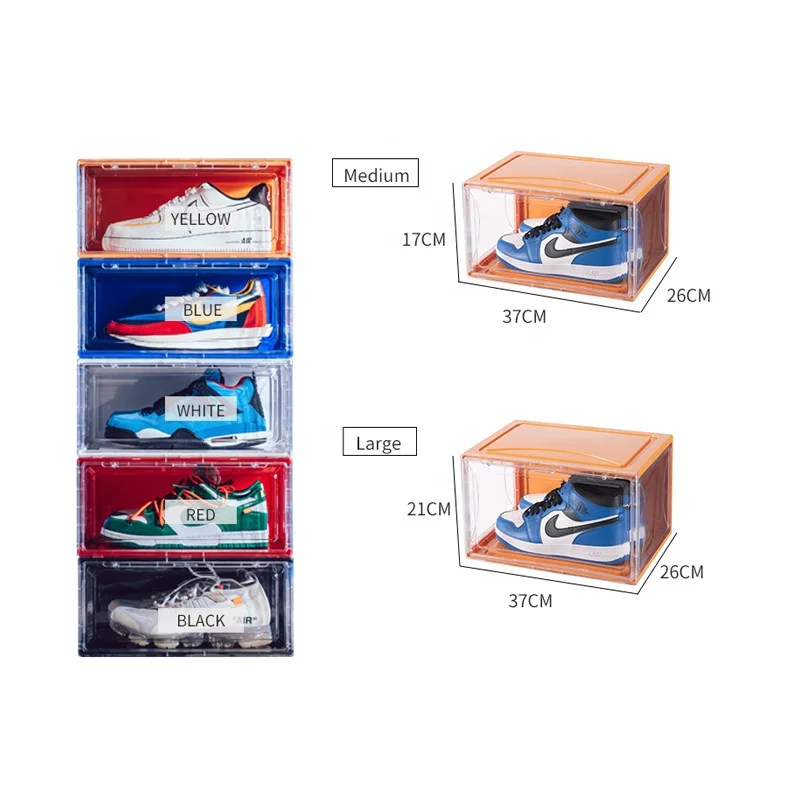Ama Hot Selling Fashion Acrylic Plastic Magnetic Side Opening Stackable Folding Transparent Display Shoe Storage Box