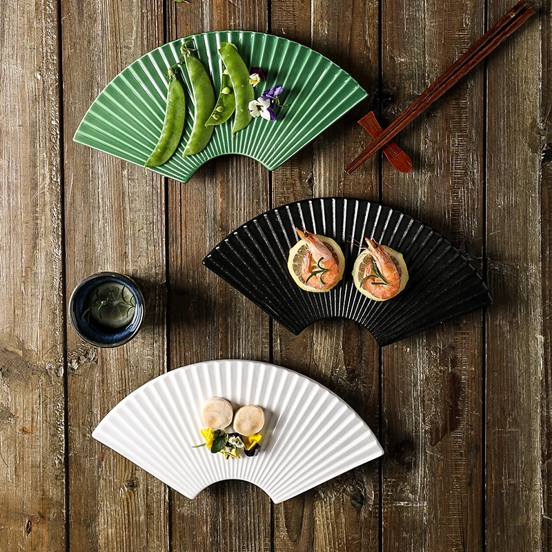 Japanese Style Fan-shaped Sushi Plate Restaurant Dinning Porcelain Ceramic Dinner Sushi Plate Sets