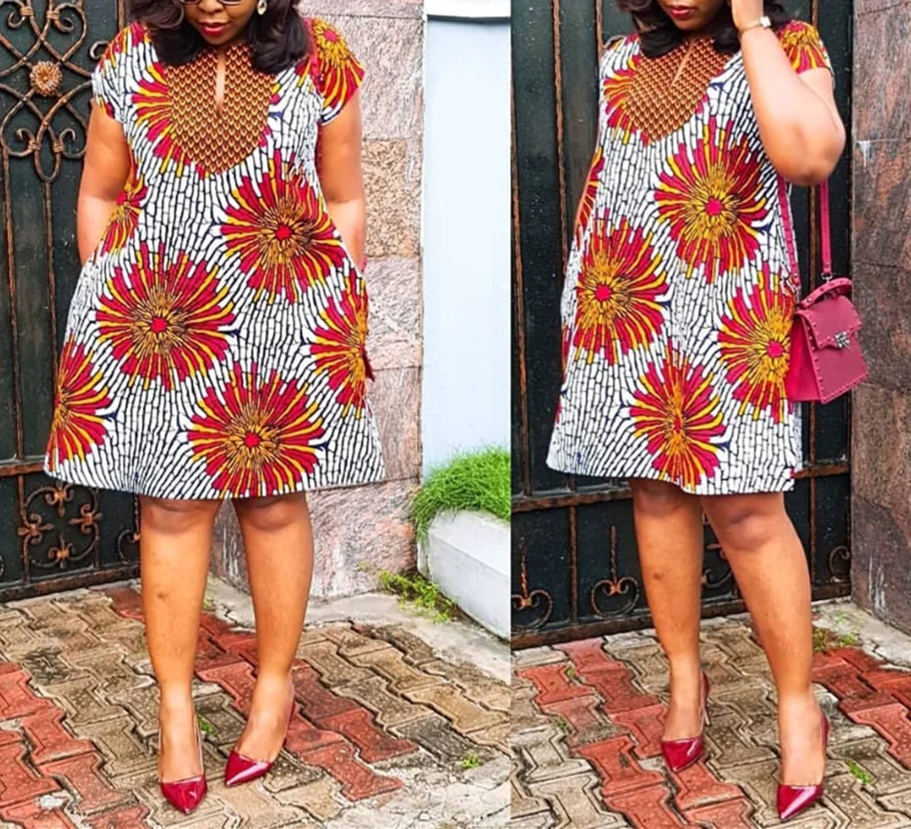 
2021 new arrivals african traditional dress Dashiki Ankara Print V Neck Short Sleeve Summer Mini Dress with Pockets 