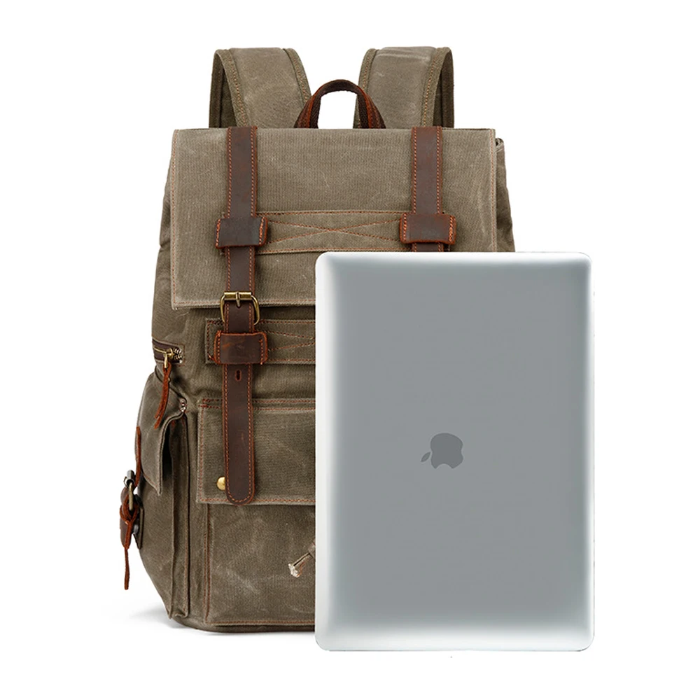 Customized Wholesale New Fashion Vintage Waterproof Genuine Leather Waxy Canvas Backpack Durable Portable Drawstring Rucksack